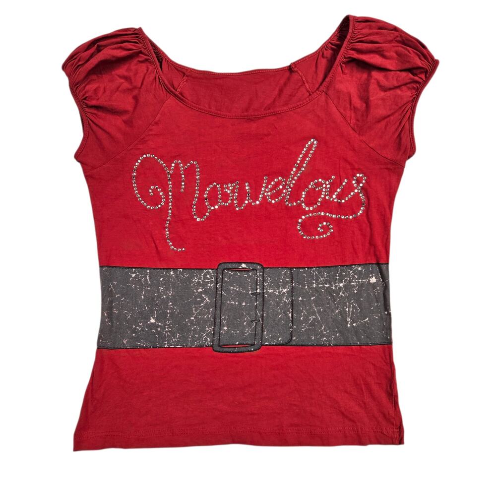 Y2k Euro Graphic Top Rhinestone McBling Red Short Sleeved - Large
